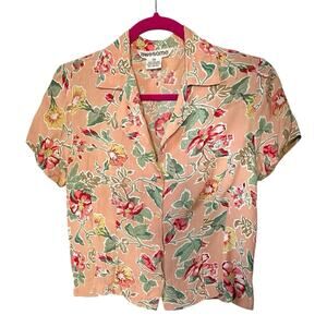 Vintage Crop Floral Button up Blouse Crinkle Rayon Medium Peach